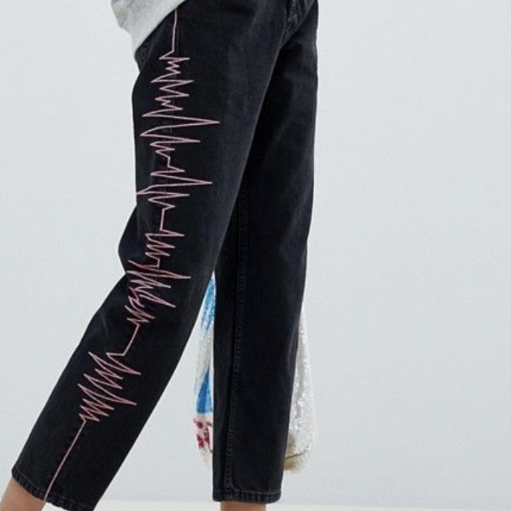 ASOS Design Florence Straight Leg Jeans With Heartbeat Embroidery